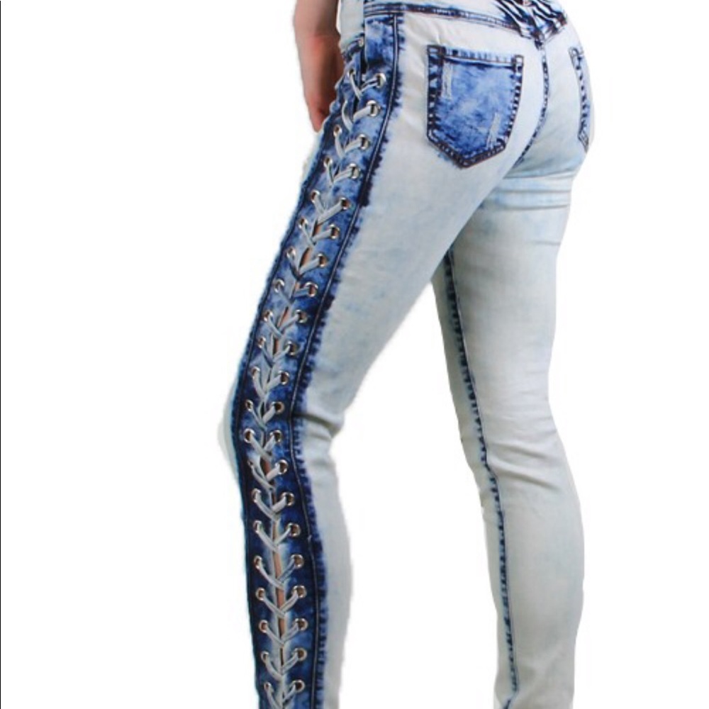 Distressed Denim Sexy Lace Up Stretch Jeans